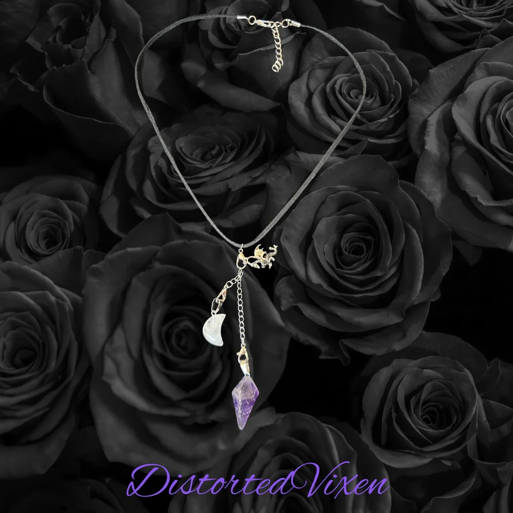 Dragon Amethyst Pendulum Necklace • Clear Quartz Moon • Witch Divination Jewelry